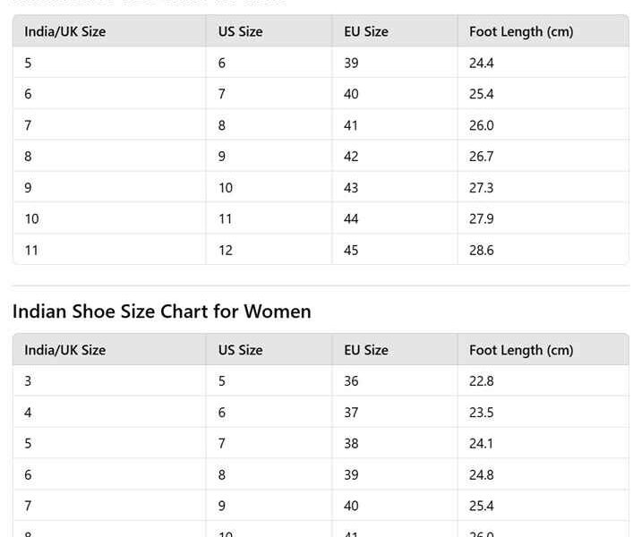 indian shoe size chart