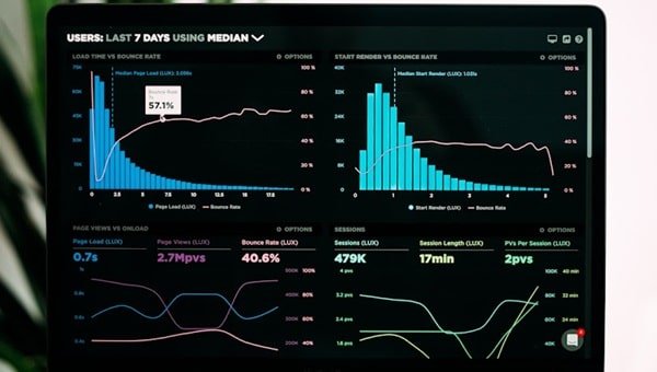 Laptop screen showing graphs and data, illustrating AI's role in enhancing decision-making and data analysis.